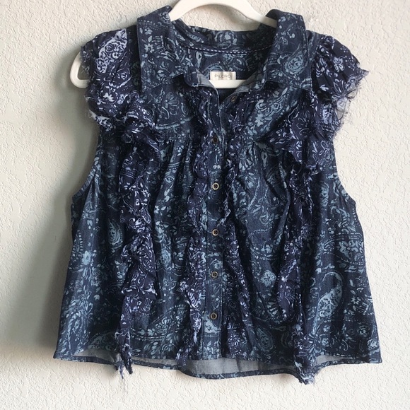 Pilcro Tops - Pilcro Sleeveless Ruffle Denim Blouse Button Front Distressed Paisley